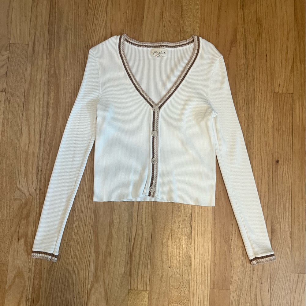 Marled White and Brown V-Neck sweater